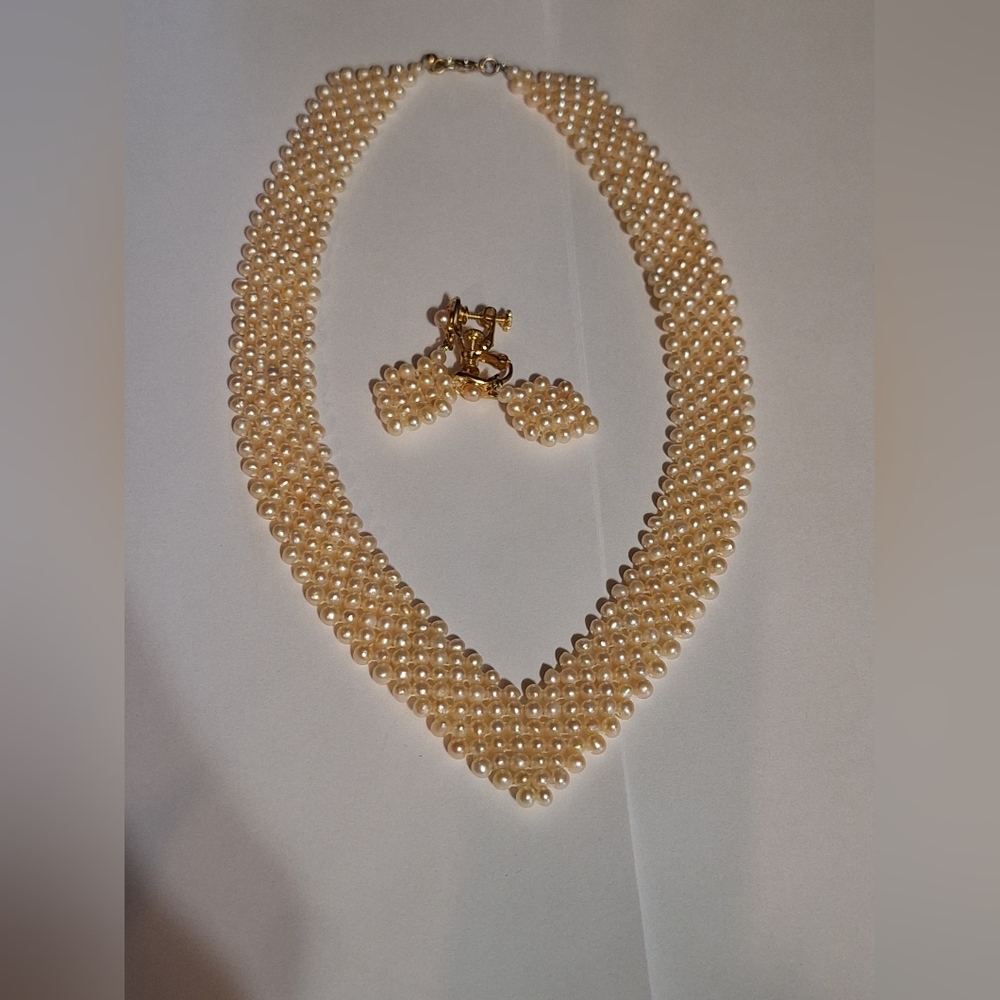 Vintage Costume Jewelry Faux Pearl Necklace and Matching Clip On Earrings